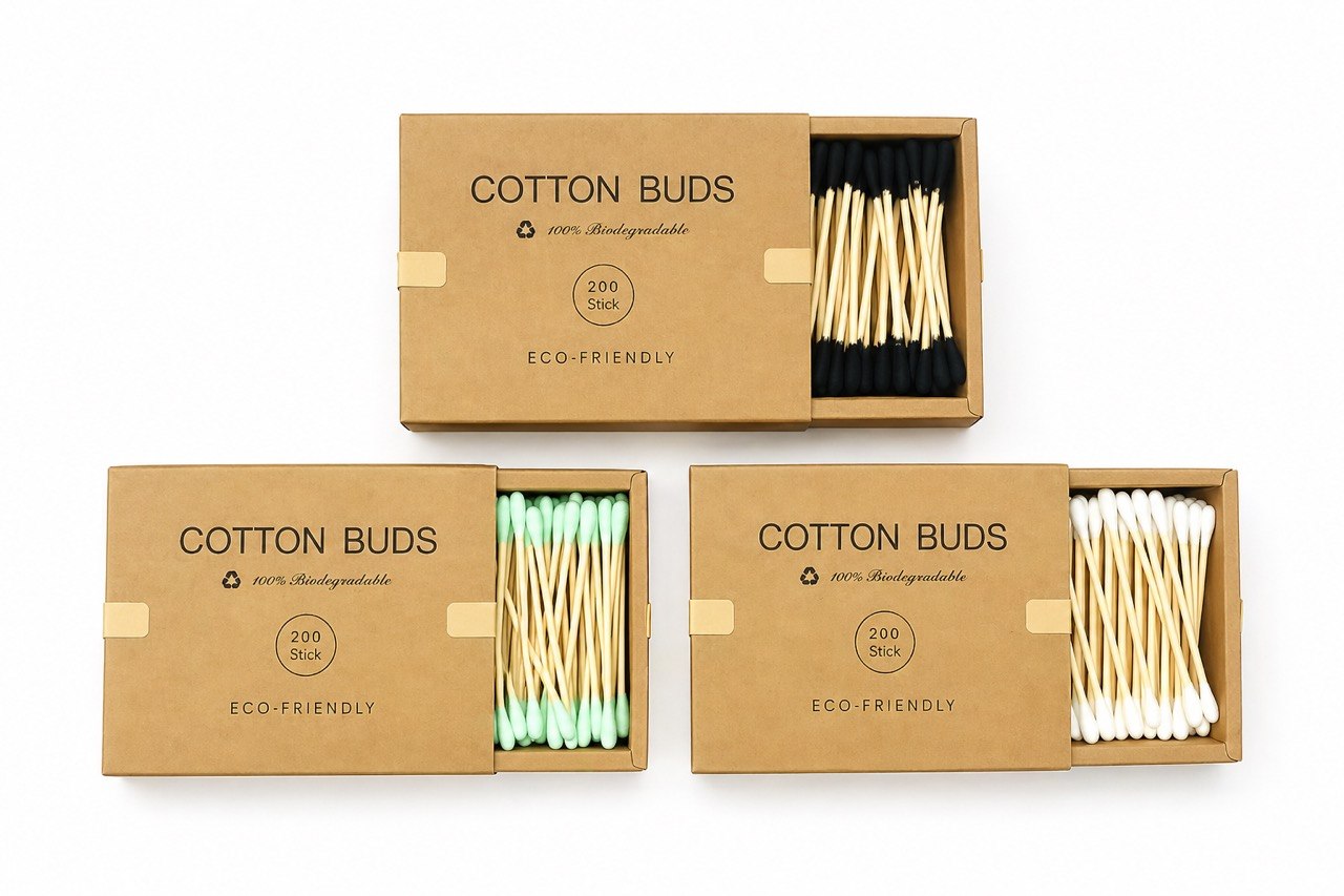 Eco-Friendly Bamboo Cotton Buds, 200 Black Biodegradable Cotton Swabs, Plastic-Free Ear Buds for Beauty, Makeup, Cleaning & Personal Care